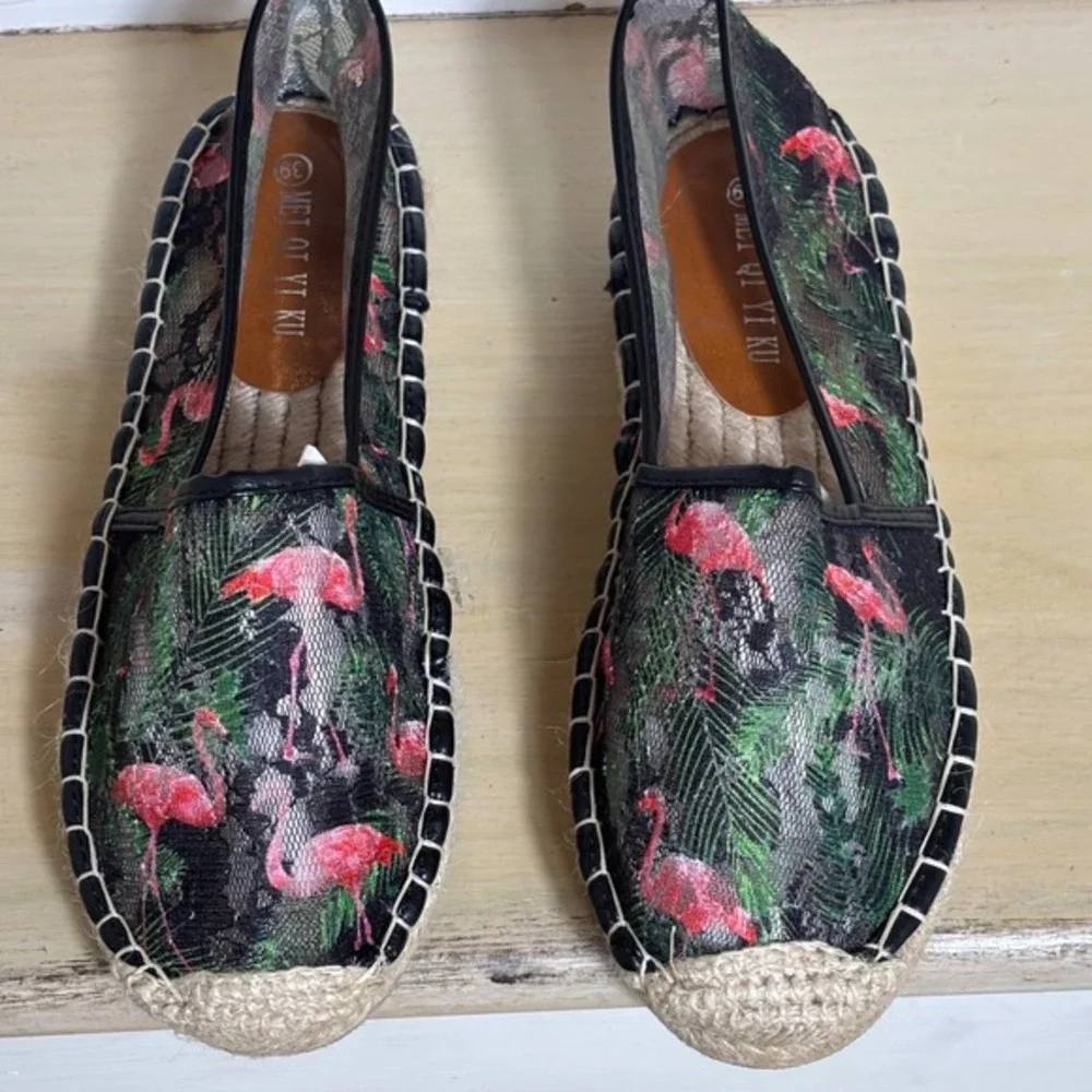 Mei Qi‎ Yi Ku Women Flamingo Tropical Lace Mesh Espadrille Flats Black Green 39